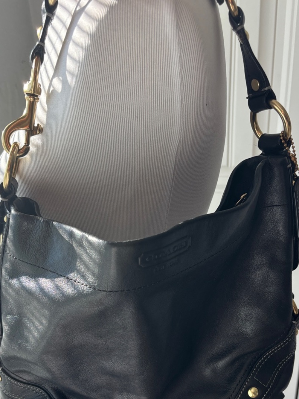 Coach Carly Black Leather Shoulder Bag with Gold Hardware - Picture 14 of 16